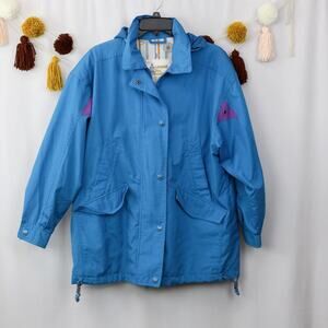 London Fog VINTAGE Blue Teal Blue Zip Up Coat Jacket Hooded Size Medium Women's